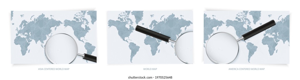 Blue Abstract World Maps with magnifying glass on map of Tonga with the national flag of Tonga. Three version of World Map – Asia Centered, America Centered and Europe Centered.