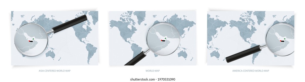 Blue Abstract World Maps with magnifying glass on map of United Arab Emirates with the national flag of UAE. Three version of World Map – Asia Centered, America Centered and Europe Centered.