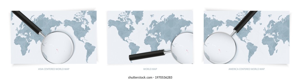 Blue Abstract World Maps with magnifying glass on map of Vanuatu with the national flag of Vanuatu. Three version of World Map – Asia Centered, America Centered and Europe Centered.