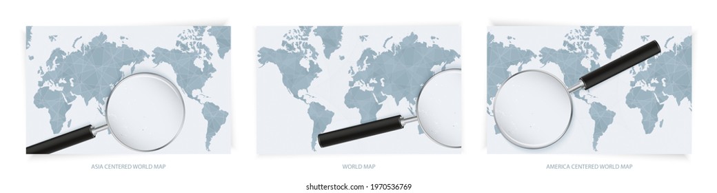 Blue Abstract World Maps with magnifying glass on map of Tuvalu with the national flag of Tuvalu. Three version of World Map – Asia Centered, America Centered and Europe Centered.