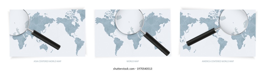 Blue Abstract World Maps with magnifying glass on map of Faroe Islands with the national flag of Faroe Islands. Three version of World Map – Asia Centered, America Centered and Europe Centered.