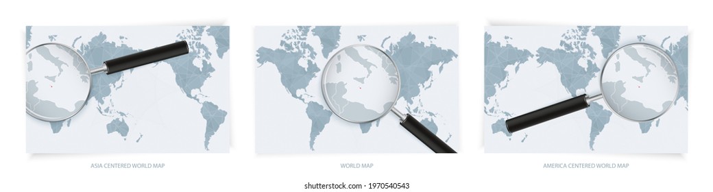 Blue Abstract World Maps with magnifying glass on map of Malta with the national flag of Malta. Three version of World Map – Asia Centered, America Centered and Europe Centered.