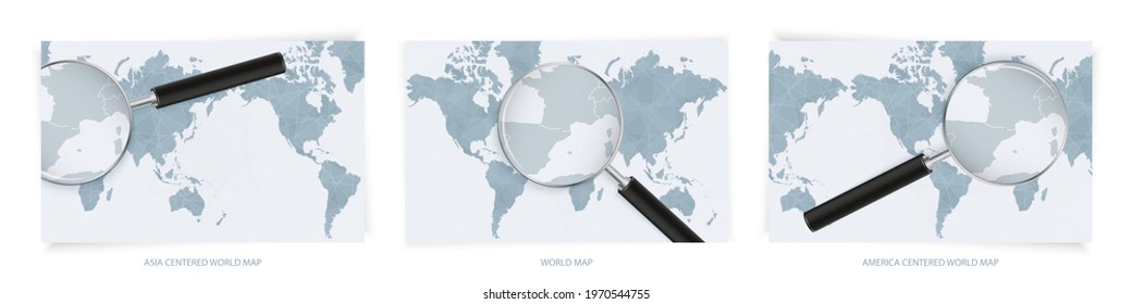 Blue Abstract World Maps with magnifying glass on map of Andorra with the national flag of Andorra. Three version of World Map – Asia Centered, America Centered and Europe Centered.