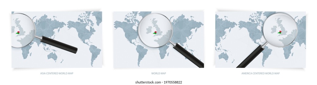 Blue Abstract World Maps with magnifying glass on map of Wales with the national flag of Wales. Three version of World Map – Asia Centered, America Centered and Europe Centered.