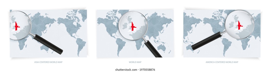 Blue Abstract World Maps with magnifying glass on map of England with the national flag of England. Three version of World Map – Asia Centered, America Centered and Europe Centered.