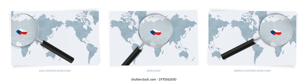 Blue Abstract World Maps with magnifying glass on map of Czech Republic with the national flag of Czech Republic. Three version of World Map – Asia Centered, America Centered and Europe Centered.