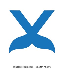 Blue Abstract X or V Logo with Whale Tail Motif