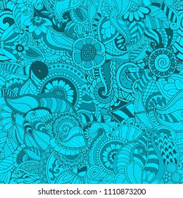 Blue abstract zentangle seamless pattern of fantasy flowers and leaves. Could be usead as background, fill in Web design or wedding decor.