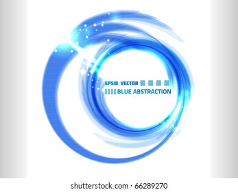 Blue abstraction on white background, surrounded by bright lights and shiny particles.