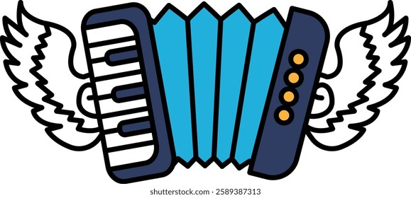 A blue accordion with white wings is displayed. The accordion is a musical instrument that is often used in folk music. The wings give the accordion a whimsical and playful appearance