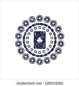 Blue ace of clover icon inside rubber stamp with grunge texture