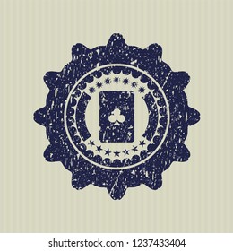 Blue ace of clover icon inside distressed rubber grunge texture stamp
