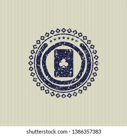Blue ace of clover icon inside distressed rubber grunge stamp