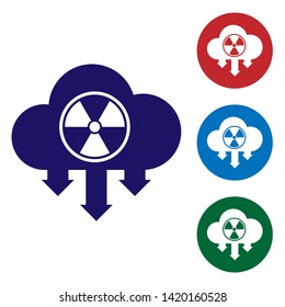Blue Acid rain and radioactive cloud icon isolated on white background. Effects of toxic air pollution on the environment. Set color icon in circle buttons. Vector Illustration