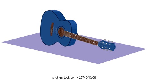 Blue Acoustic Guitar In Perspective Vector Illustration. Acoustic Guitar Isolated On White