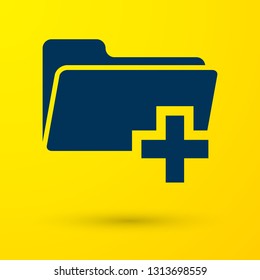 Blue Add new folder icon isolated on yellow background. New folder file sign. Copy document icon. Add attach create folder make new plus icon. Vector Illustration