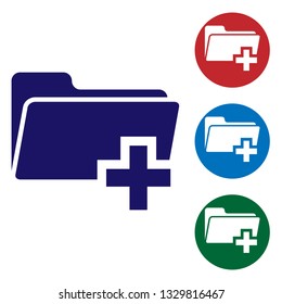 Blue Add new folder icon isolated on white background. New folder file sign. Copy document icon. Add attach create folder make new plus icon. Set color icon in circle buttons. Vector Illustration