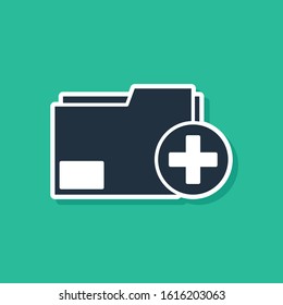 Blue Add new folder icon isolated on green background. New folder file. Copy document icon. Add attach create folder make new plus.  Vector Illustration