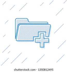 Blue Add new folder line icon isolated on white background. New folder file sign. Copy document icon. Add attach create folder make new plus icon. Vector Illustration