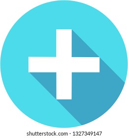 Blue Add plus icon in flat style with long shadow.
