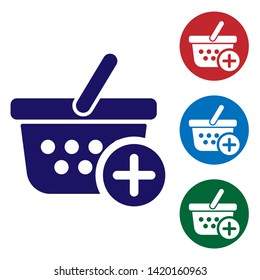 Blue Add to Shopping basket icon isolated on white background. Online buying concept. Delivery service sign. Supermarket basket symbol. Set color icon in circle buttons. Vector Illustration
