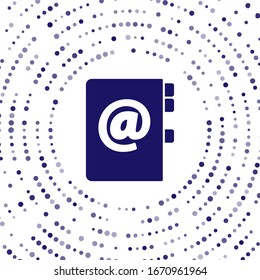 Blue Address book icon isolated on white background. Notebook, address, contact, directory, phone, telephone book icon. Abstract circle random dots. Vector Illustration