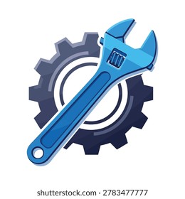 Blue adjustable wrench tool placed over mechanical gear wheel icon with industry
