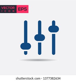 Blue adjustment music level icon. Volume panel sign in flat design isolated on white background.