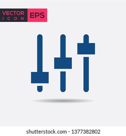 Blue adjustment music level icon. Volume panel sign in flat design isolated on white background.