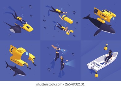 Blue Adventure Diving Isometric Illustration Set