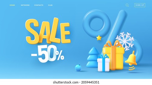 Blue advertising poster with big percent sign and volume typography, sale discounts, Christmas trees and gift boxes 3d illustration