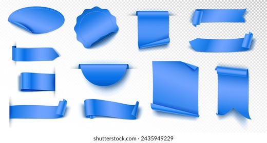 Blue advertising tags realistic vector illustration set. Announcing about event badges and ribbons 3d models on transparent background