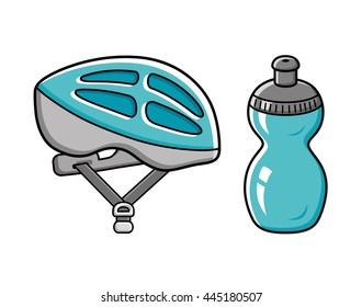 Blue aerodynamic bicycle helmet and sport plastic water bottle, icons isolated.