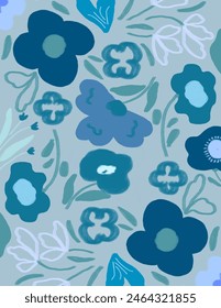 Blue aesthetic flowers patterns on blue background for web banner, business presentation, branding package, fabric print, wallpaper, social media post, doodle, notes, book covers, wall decor.