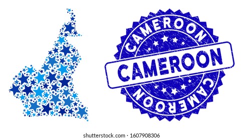 Blue African Cameroon map mosaic of stars, and scratched rounded stamp. Abstract territory scheme in blue color tinges. Vector African Cameroon map is formed of blue stars.