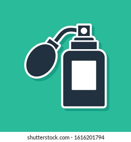 Blue Aftershave bottle with atomizer icon isolated on green background. Cologne spray icon. Male perfume bottle.  Vector Illustration