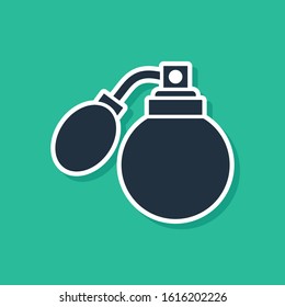 Blue Aftershave bottle with atomizer icon isolated on green background. Cologne spray icon. Male perfume bottle.  Vector Illustration