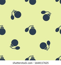 Blue Aftershave bottle with atomizer icon isolated seamless pattern on yellow background. Cologne spray icon. Male perfume bottle.  Vector Illustration