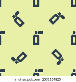 Blue Aftershave bottle with atomizer icon isolated seamless pattern on yellow background. Cologne spray icon. Male perfume bottle.  Vector