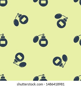 Blue Aftershave icon isolated seamless pattern on yellow background. Cologne spray icon. Male perfume bottle.  Vector Illustration