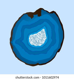 Blue agate gemstone slice with crystal quartz center. Vector template for card, booklet, background or post, illustration about natural texture or jewelry design