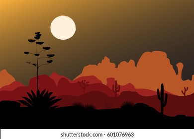 Blue agave flower silhouette in night desert. Mountains background. Vector illustration