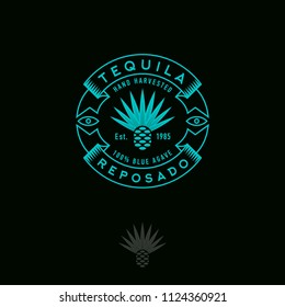 Blue agave icon. Tequila or mescal logo. Emblem for the label. Engraving style Agave icon with letters and ribbons on a dark background.