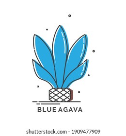 Blue agave plant for distill tequila. Isolated logo on white background. Flat style image of agricultural product with text caption. Vector.