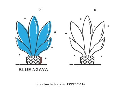 Blue agave plant for distill tequila. Isolated logo on white background. Two kinds flat style image of agricultural product with text caption. Line art design in thin dashed lines. Vector.
