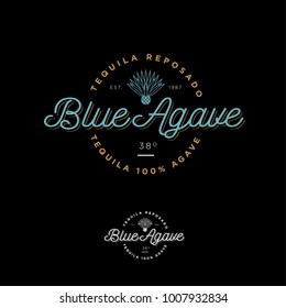 Blue Agave Tequila Logo. Emblem For The Label. Beautiful Letters And An Agave Icon On A Dark Background.