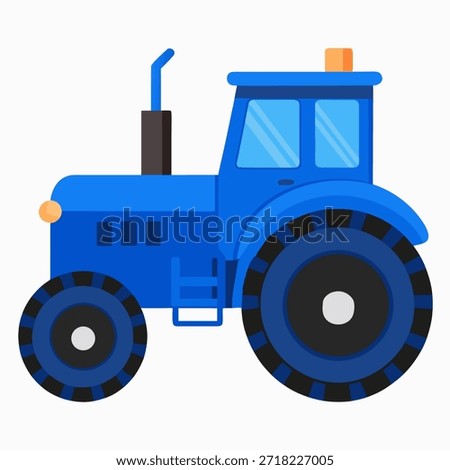 Blue Agricultural Tractor Side View. Farm transport vehicle. Flat vector icon isolated on white background