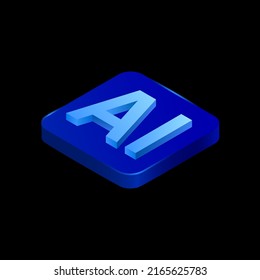 Blue AI 3D Button on Black Background. Vector illustration