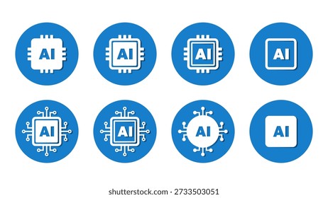 Blue AI button icons featuring artificial intelligence and processor symbols. Clean modern style suitable for UI, apps, dashboards, web interfaces, and technology branding. Fully editable vector for commercial use.