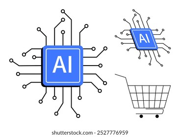 Azul AI chip central com várias linhas de circuito que se estendem a partir dele. Localizado perto de um carrinho de compras. Ideal para tecnologia de IA, comércio eletrônico, marketing digital, automação e inovação. Design plano